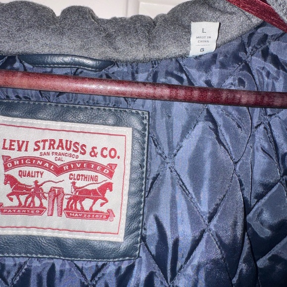 Men's Blue Faux Leather Jacket with Hood - Picture 7 of 12